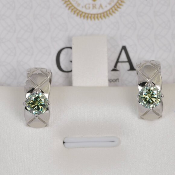 Certified 1ct Blue Green Moissanite Hoop Earrings 925 Sterling - Picture 1 of 8